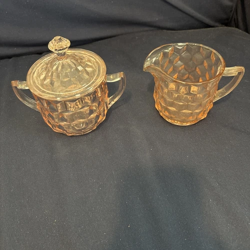 Vintage Pink Depression Jeannette Glass Creamer & Sugar W/Lid 3” Cube/“Cubist”