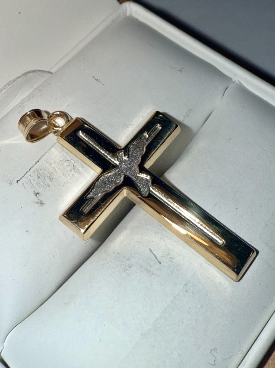 ESTATE Solid 14K Gold Two-Tone Engraved Dove Cross Pendant View 2