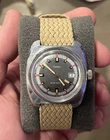 Timex Vintage 1970s Manual Wind Cushion Case Date Black Dial Beige Nylon