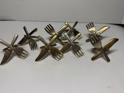 Vintage Pier One 8 Piece Brass Tone Metal Napkin Ring Set Forks & Knives Design