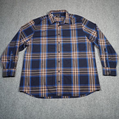 Walbusch Men's Casual Button-Down Shirt XL Blue Brown Plaid Cotton Comfort Fit