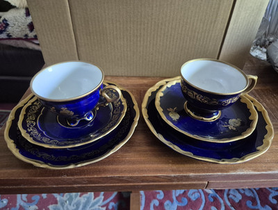 Lichte Fine China Kobalt Blau Tassen & Untertassen Set Goldrand Made in DDR