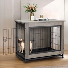 Walsunny GL002-S-GY Wooden Dog Crate Furniture,Double-Doors Kennel Indoor with