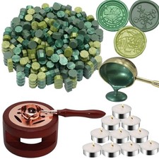 Wax Seal Beads Kit - 300Pcs Assorted Green Sealing Wax Beads with Wood Melting W