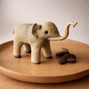 Baby Elephant Figurine Crushed Oyster Shell Trunk Up Good Luck 4" Vtg Handmade