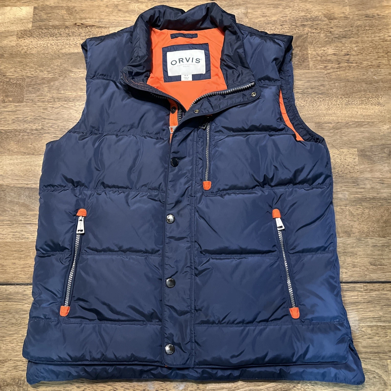 Orvis Vest Men's Med Navy Blue Essex Duck Down Puffer Full Zip Cinchable Waist