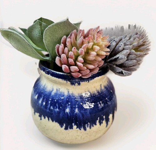 Vintage KY Signed Blue Drip Glaze Stoneware Vase Small Studio Pottery