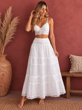 White Cotton Tiered Ruffle Maxi Skirt Floral Eyelet Lace Smocked Waist Boho