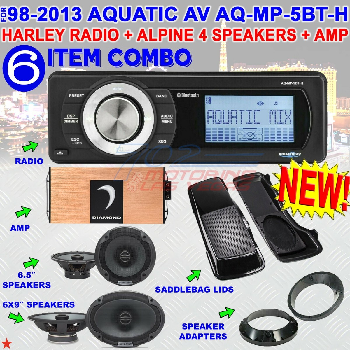 98-2013 AQUATIC AV AQ-MP-5BT-H HARLEY DAVIDSON RADIO + ALPINE 4