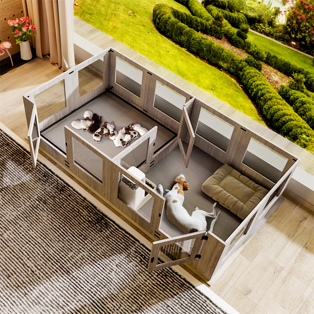 Extra Large Dog Whelping Box Tempered Glass Playpen w/ Rail, Door