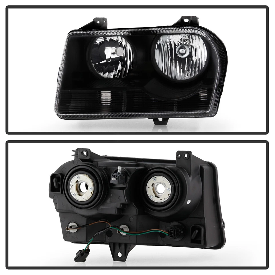 Black 2005-2010 Chrysler 300 Headlights Headlamps Left+Right Replacement 05-10 - Image 3 of 4
