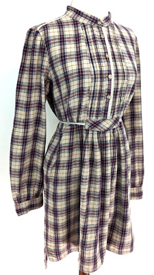 LEVI'S Women's Plaid Shirt Dress Band Collar Pintucked Pleats Tie Waist Size L *