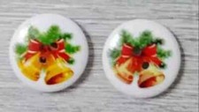 christmas bells wood sewing buttons 2 holes 1/2 inch red green 2pc