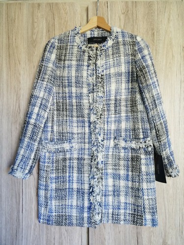 ZARA BLUE ECRU BLACK CHECKED FRAYED FROCK COAT SIZE XS - Picture 18 of 18