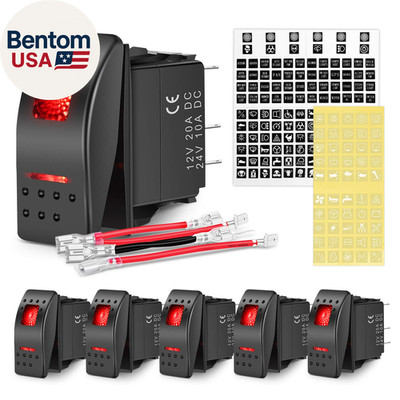 6 Pack Rocker Switches with Night Glow Stickers 5 PIN SPST Red Backlit 12V/24V T