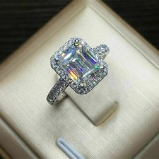 3Ct Emerald Cut Lab Created Diamond 14K White Gold FN Engagement Halo Ring
