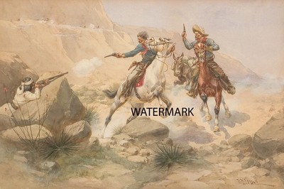 Herman W Hansen - At Close Quarters Ambushed by Apaches WC - 17x26 REPRODUCTION