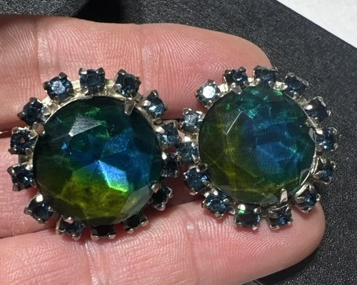 Vintage Round Watermelon Glass Rhinestone Clip-On Earrings Blue Costume Jewelry