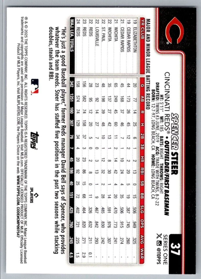 2025 Topps Spencer Steere Cincinnati Reds #37 - Image 2 of 2