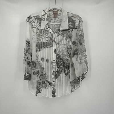 Chicos Womens Romantic Sheer Floral Pleated Top Size 2 US L Black White Artsy