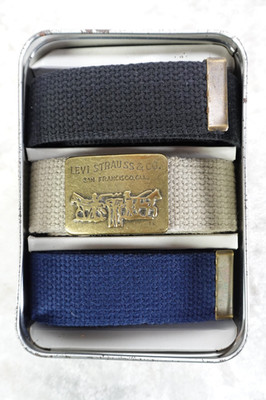 Levi Strauss & C0 San Francisco, CA Belt Buckle & 3 Cloth Belts Black Tan Blue