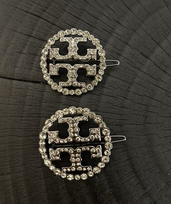 Tory Burch Double T Haarspangen 2er Set Silber Kristall Logo Neu Metallic, Neu