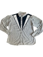VTG Ruffle Western Shirt Kenny Rogers Pearl Snaps Stripe Black Rodeo Cowgirl M