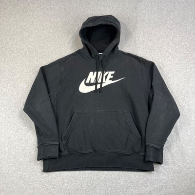 Nike Hoodie Mens Large Black Club Fleece White Big Swoosh Logo Spellout Pullover