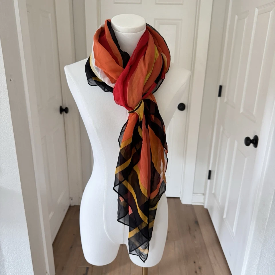 Bufanda Grande Vintage 100% Seda Gasa MCM Retro Naranja Amarillo Negro Rayas Mod Foto 4 de 4