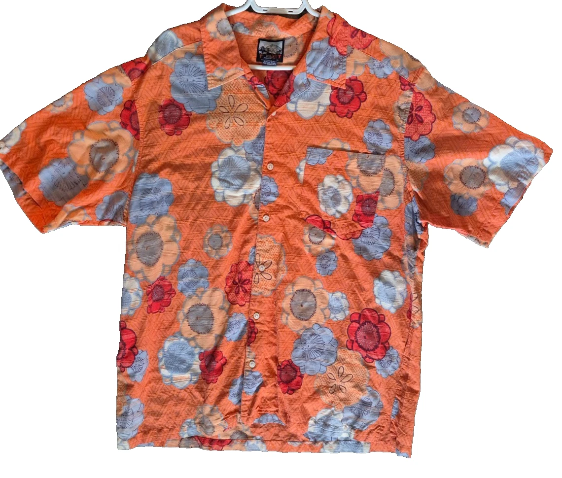 Men Hand Crafted Floral Button Shirt 100% Cotton Orange XL Coastal Travel Pocket