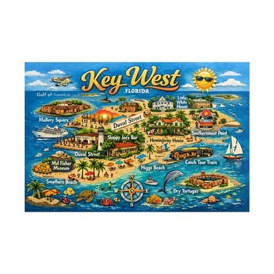 Key West Florida Map Rolled Poster | Illustrated Island Landmarks | 30'' x 20''