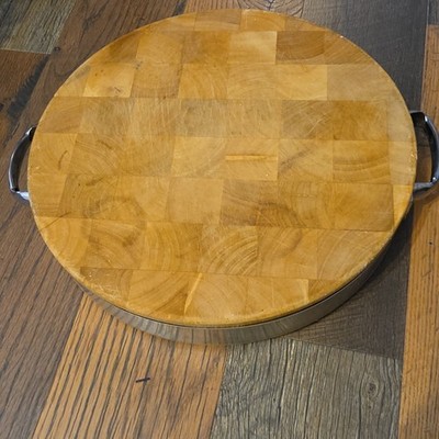 Towle Round Wood Cutting Board Checkerboard Pattern with Metal Handles