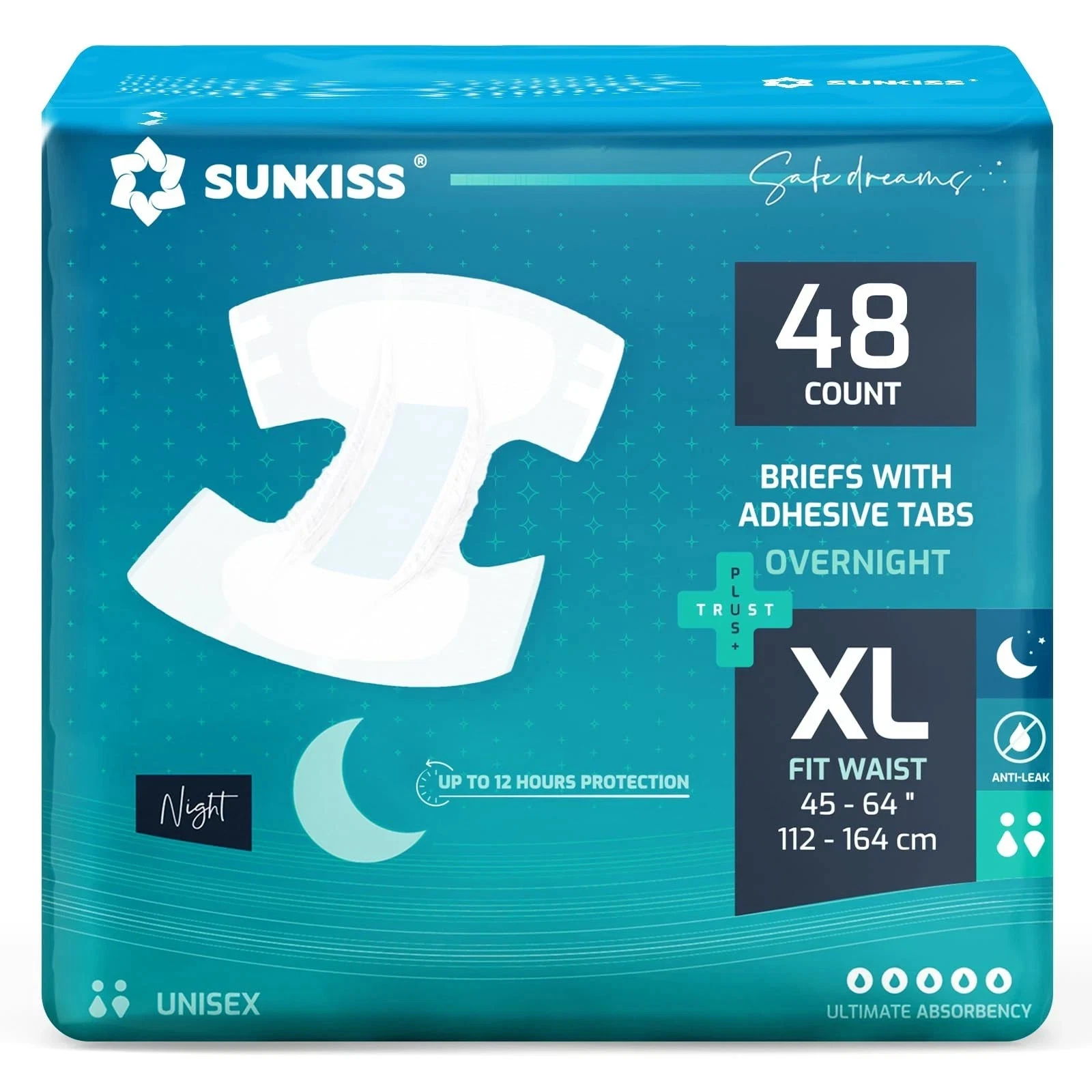 SUNKISS TrustPlus Overnight Adult Diapers with Tabs, Unisex Disposable Incont...