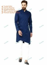 Indian Cotton Mens Shirt Solid Blue All Size Long Sleeves Loose Fit Long Kurta