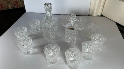 Saint Louis Crystal  Tommy  set   2 Square Whiskey Decanters + 10 Old Fash Glass