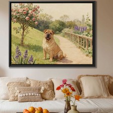 Floral Still Life Watercolor Painting of Shar Pei Dog Canvas Print Decor