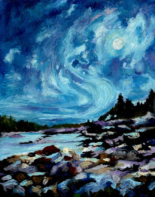 Original painting, NIGHT, landscape, colored wax, signed, 10x8