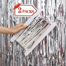 2 PCS 3.28x6.56 ft Silver Metallic Tinsel Foil Fringe Curtains Backdrop