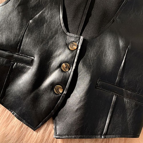 Lady Gilet Waistcoat Vest Top PU Faux Leather Sleeveless Top Retro Button Slim - Picture 10 of 13