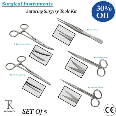 Zahnarzt Schere Chirurgische Labor Zange Nähen Chirurgie Instrumente Kit 5 Pcs - Bild 1 von 4