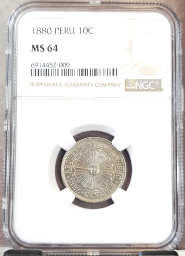 1880 PERU 10 CENTAVOS RADIANT SUN WITH FACE NGC MS 64 BEAUTIFUL BU 2 YEAR TYPE