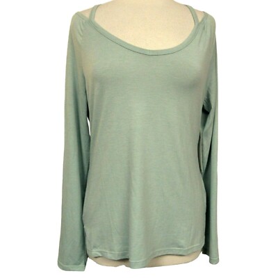 Layer 8 Pullover Top LS Hi-Low Shoulder Cut-Out Tee Green Juniper Sz S NEW