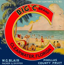 Clearwater Florida Big "C" Orange Citrus Fruit Crate Label Vintage Art Print