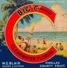 Clearwater Florida Big "C" Orange Citrus Fruit Crate Label Vintage Art Print