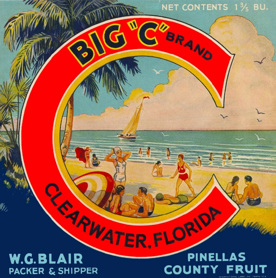 Clearwater Florida Big "C" Orange Citrus Fruit Crate Label Vintage Art Print