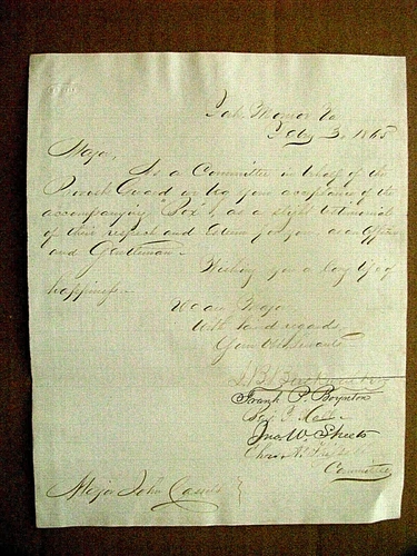 CIVIL WAR PRESENTATION LETTER FOR GIFT TO BELLE BOYD JAILOR JOHN CASSELS