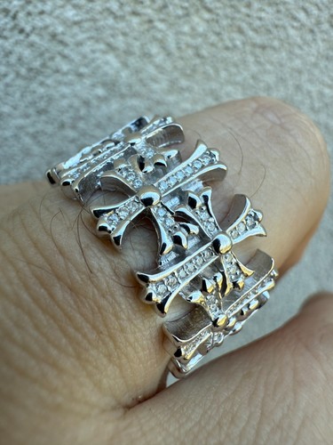 MOISSANITE Cross Ring Solid 925 Silver 13.5mm Wedding Band Hearts Of Chrome - Picture 4 of 24