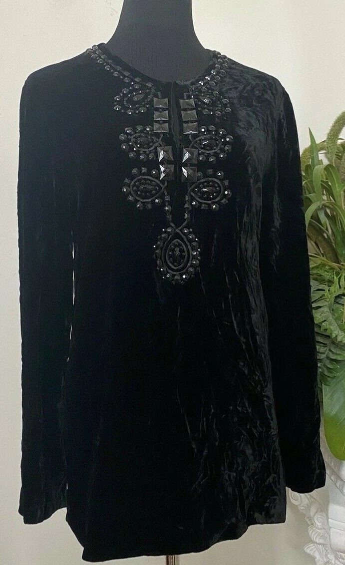 Talbots Women s Beaded Embellished Black Velvet Tunic Top Size 16