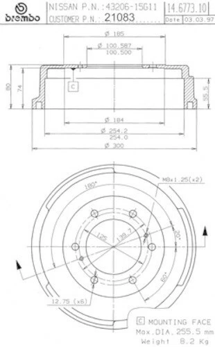 21083 DOS tambores de freno traseros para camioneta Nissan 720 D21 Brembo no hechos en China Foto 2 de 2