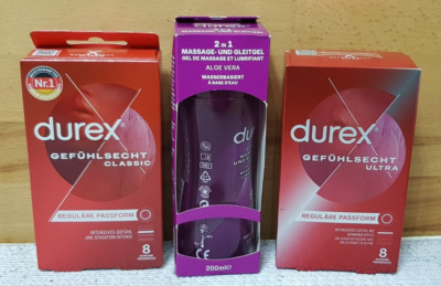 Set DUREX 16 Kondome (Gefühlsecht Ultra + Classic) + 2 in 1 Massage- & Gleitgel